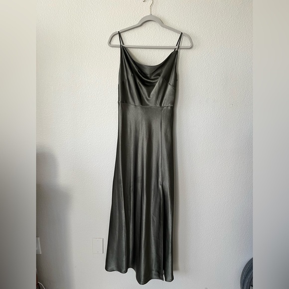 Birdy Grey Lisa Shiny Satin Cowl Neck Olive Green Long Dress in Women’s Size S - Picture 3 of 16